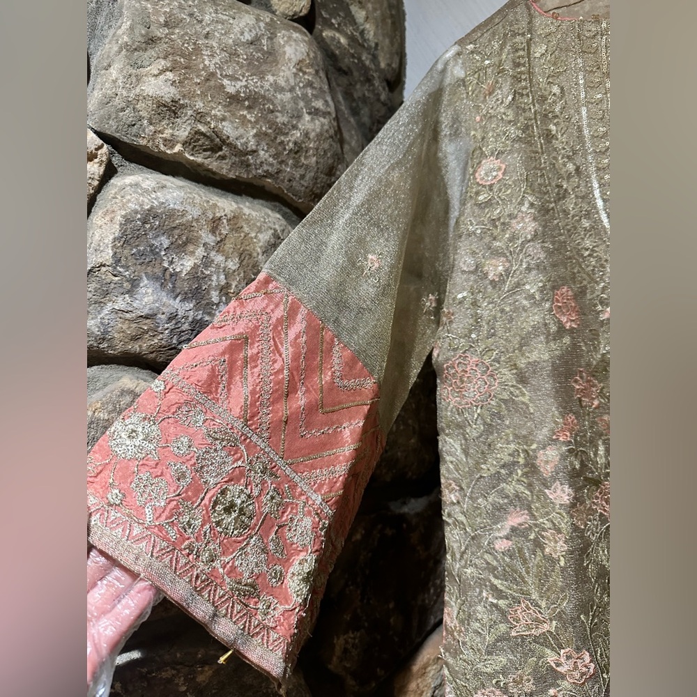 Pakistani Sapphire Embellished Organza Kurta in Sage & Petal - Size S - Picture 4 of 10